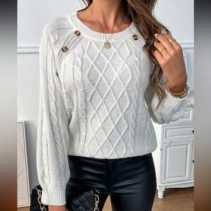 White Crew Neck Cable Knit Sweater with Buttons